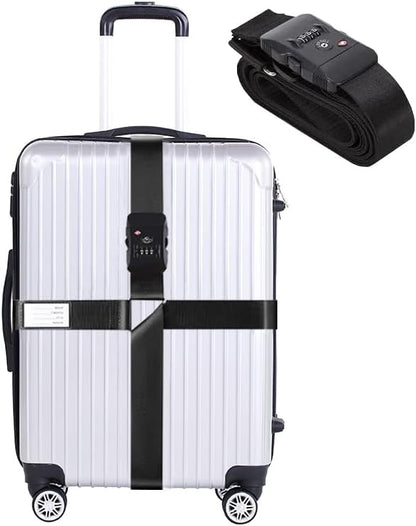 Luggage Straps for Suitcases TSA Approved Heavy Duty Adjustable Travel Belt Cross Suitcase Belts Luggage Tags with Name ID Card Travel Accessories Fit for 20-32 Inch Suitcase (Black)