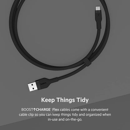 Belkin BoostCharge Flex Silicone USB-A to USB-C Cable (2M/6.6ft) for iPhone 16, iPhone 16 Pro, Galaxy S25, S24, Note, Pixel 9 & 8, Nintendo Switch 2, Carplay & More with Cable Clip - Black