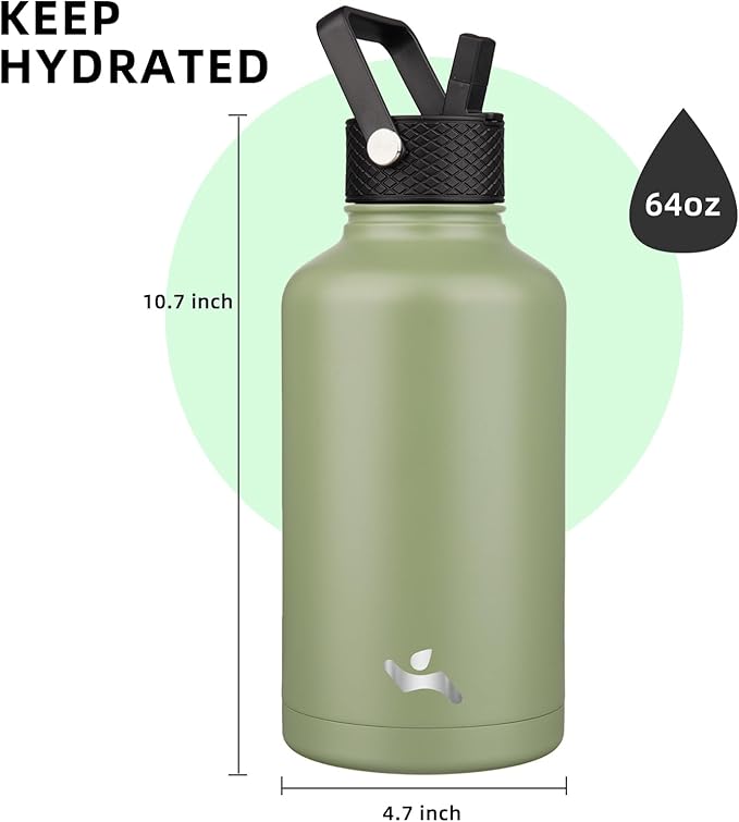 Half Gallon Insulated Water Bottle with Straw,64 oz 3 Lids Water Jug with Carrying Bag,Paracord Handle, Double Wall Vacuum Stainless Steel Metal Flask,Camp Green