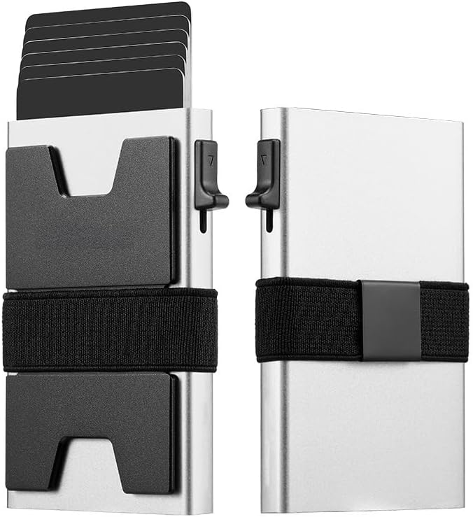 Jenoss Smart Pop Up Wallet for Men: Aluminum Card Holder Wallet, Slide Pop Up Case, Slim Metal RFID Blocking Credit Card Holder, Minimalist Compact 12+ Cards Slot Organizers ID Money Clip (White)