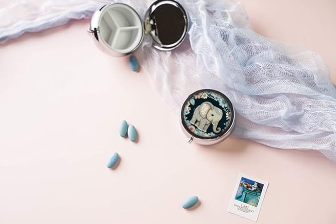 Pill Box,Floral Elephant Round Pill Box 3 Compartment Decorative Pocket Purse Portable Mini Travel Medicine Tablet Vitamin Holder Organizer Pill Case