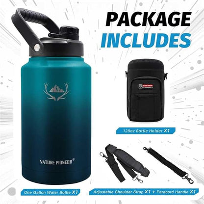 NATURE PIONEOR One Gallon Water Bottle Insulated - Large Double Vacuum Stainless Steel 128 oz Water Bottle with Holder/Carrier, 1 Gallon Water Jug,128oz, Wide Mouth