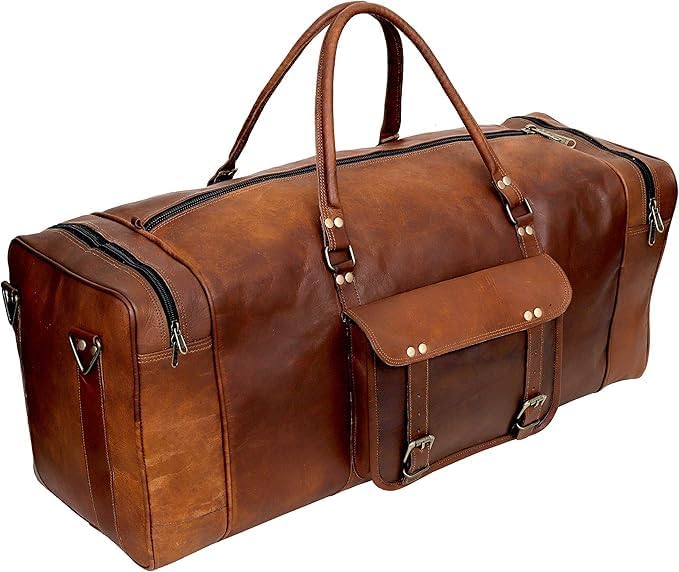 Leather Duffle Bag for Men Luggage Handmade Travel Bag Carry On Luggage Weekender Bags Overnight Gym Sports Cabin Holdall Bag For Airplanes Men And Women (34 Inch Brown)