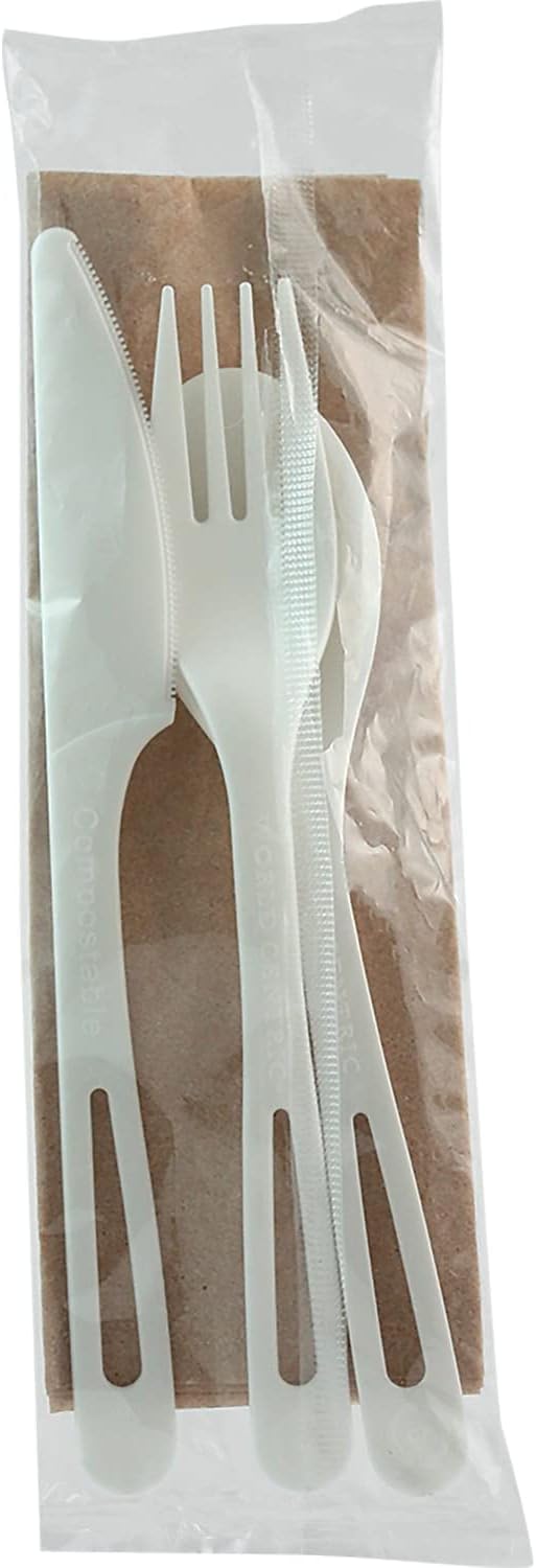 World Centric Compostable Cutlery with Napkin 6" - TPLA, Assorted and Wrapped - 250 Pack