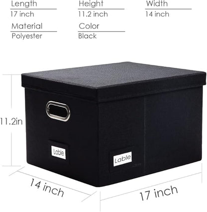 PRANDOM File Organizer Box - Set of 2 Collapsible Decorative Linen Filing Storage Hanging File Folders with Lids Office Cabinet Letter/Legal Size Black (17x14x11.2 inch)