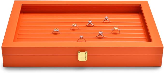 Oirlv Premium Leather Jewelry Display Tray with Acrylic Lid Ring Earrings Organizer Box Clear Lid Drawer Insert for Women