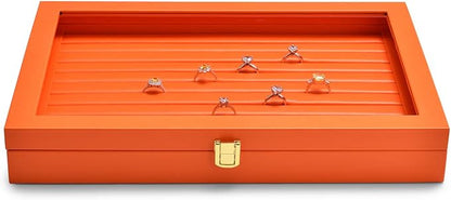 Oirlv Premium Leather Jewelry Display Tray with Acrylic Lid Ring Earrings Organizer Box Clear Lid Drawer Insert for Women