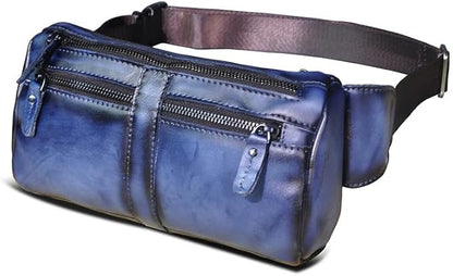 Outdoor Ready Water Resistant Leather Waist Pack for Men Hiking Riding Travel Fanny Bag with Phone Pocket Gifts for Men (Blue&Black)