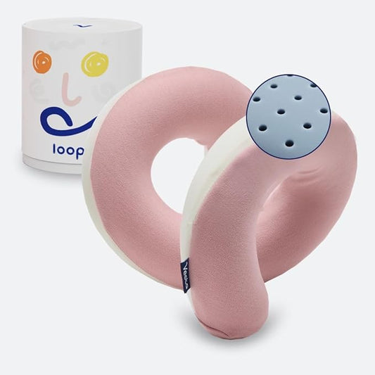 Vesta Loop Neck Pillow for Travel, Spiral Wrapping Design for Enhanced Chin & 360º Support, S-Shape Memory Foam Airplane Pillow for Flight, Office, and at Home (Heavenly Pink, S-Shape (Pack of 1))
