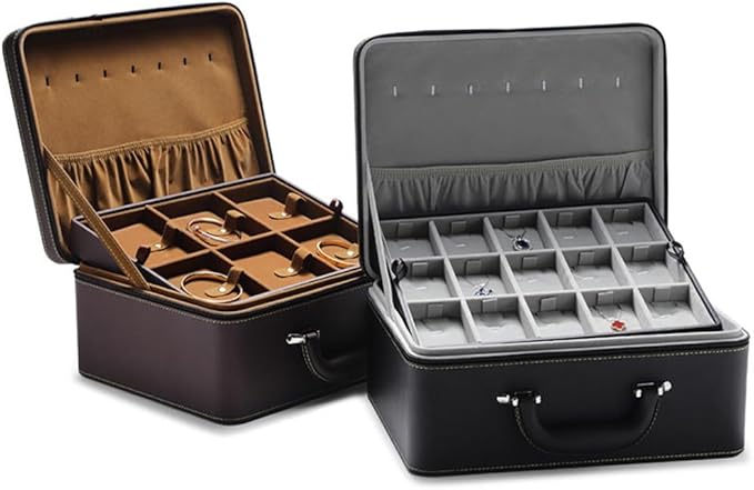 Jewelry Trays stacks Carriable with Handle Zipper Large Box Organizer Faux-Leather Accessory Case Storage(L3-BR)