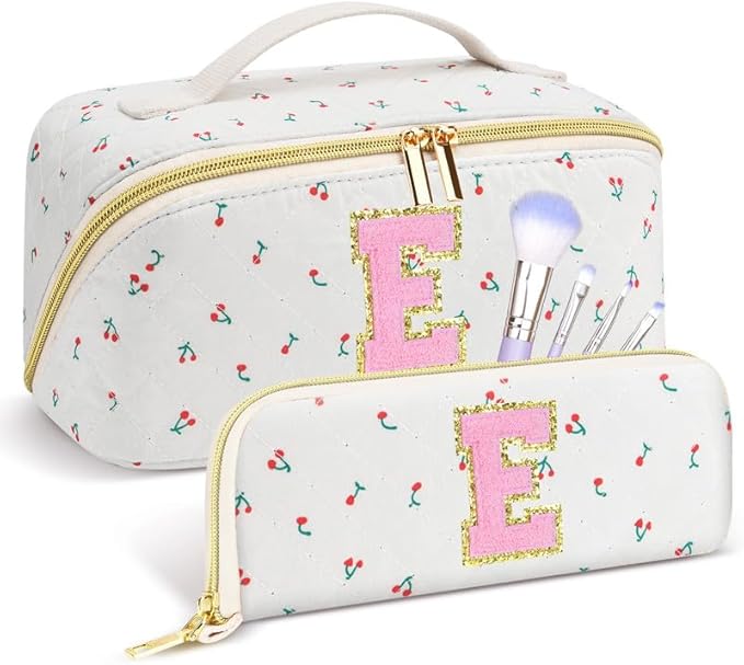 Personalized Travel Makeup Bag Set,Initial Travel Cute Cherry Makeup Organizer Bag,Toiletry Skincare Cosmetic Bag,Christmas Gifts for Women/Girls,Open Flat Toiletry Pouch with Brush Pocket-E