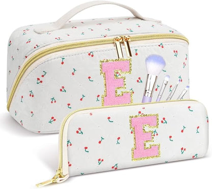 Personalized Travel Makeup Bag Set,Initial Travel Cute Cherry Makeup Organizer Bag,Toiletry Skincare Cosmetic Bag,Christmas Gifts for Women/Girls,Open Flat Toiletry Pouch with Brush Pocket-E