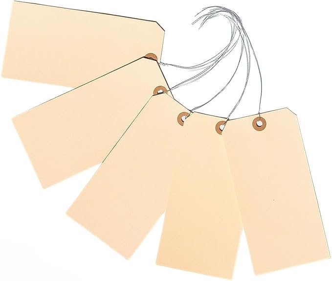 100 Large Manila Paper Tags with Wire Attached – # 8, 6 1/4" x 3 1/8" – Manilla Shipping Tags with Reinforced Eyelet and Metal Wire, Labels with Ties