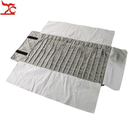Portable Jewelry Roll Untangled Secure Necklace Travel Storage Bag Displays Holder 16 Chain (Black PU and gray velvet)