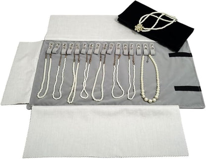 Velet Travel Jewelry Case Roll Bag Organizer for Necklace Bracelet Black Gray Velvet (Black Gray)