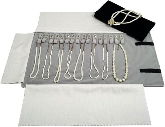 Velet Travel Jewelry Case Roll Bag Organizer for Necklace Bracelet Black Gray Velvet (Black Gray)