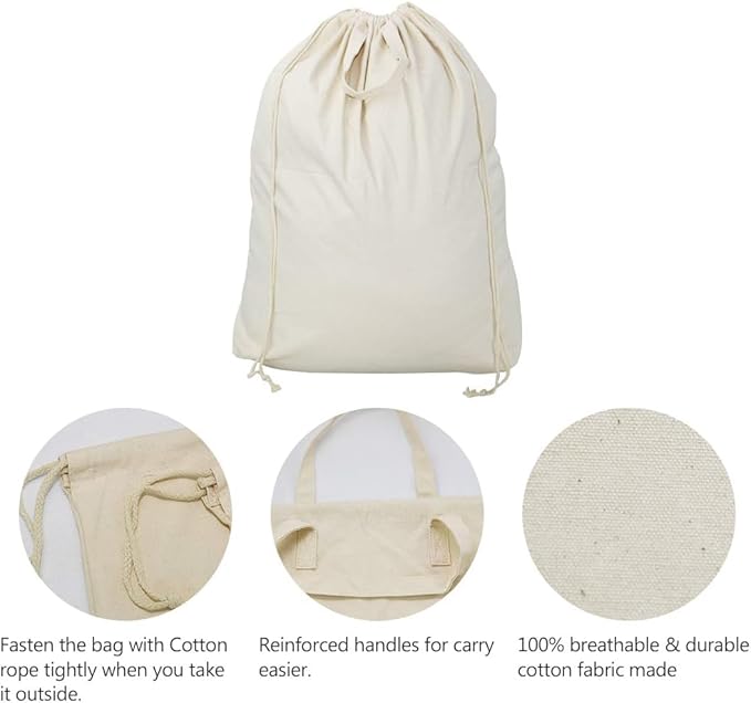 3pcs Breathable Cotton Canvas Laundry Drawstring Bags with Carrying Handles & Shoulder Strap, Cotton Laundry Hamper Basket Replacement Liner Bags