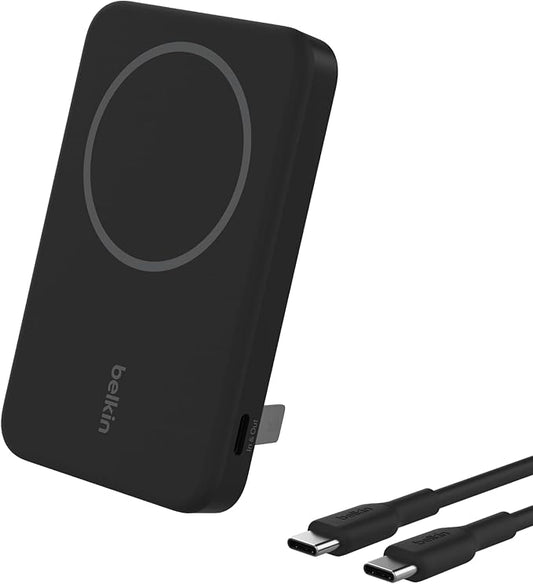 Belkin Portable Charger, Wireless Power Bank 15W 5000mAh w/ Qi2, MagSafe Charger + Built-in Pop-up Kickstand - iPhone 17, Air, Pro, Pro Max, AirPods, Apple Watch, Google Pixel 10, etc. - Black