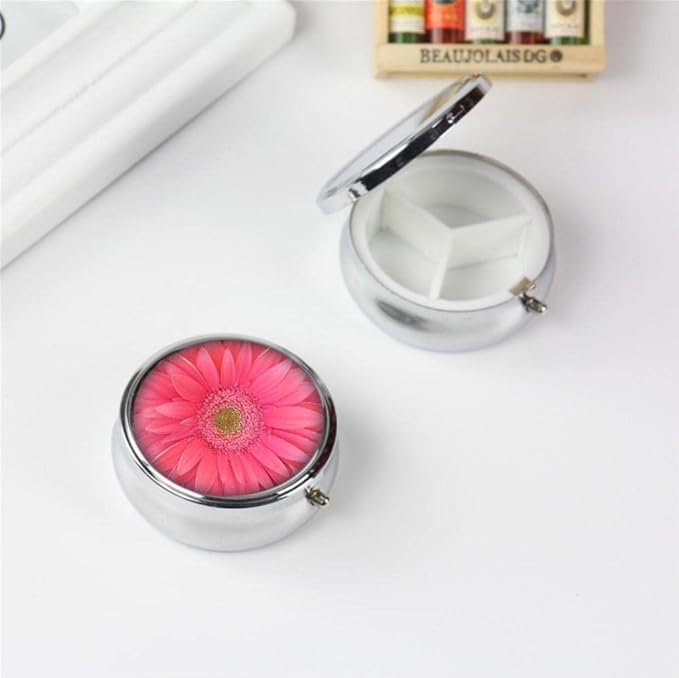 Pill Box,Bright Pink Gerbera Daisy Flower Round Pill Box 3 Compartment Decorative Pocket Purse Portable Mini Travel Medicine Tablet Vitamin Holder Organizer Pill Case