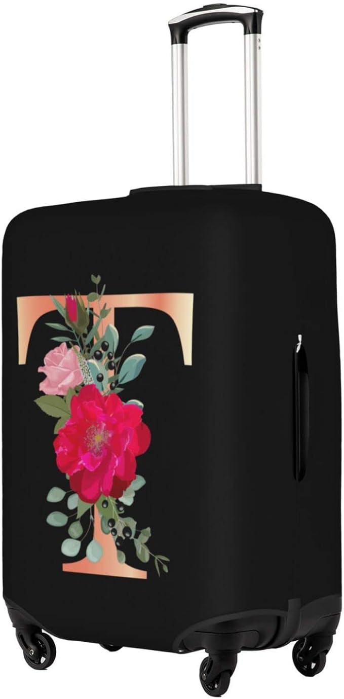 Floral Letter T Travel Luggage Cover Spandex Suitcase Protector Elastic Washable Stretch Suitcase Cover,Size L(Fit 25-28inch Suitcase)