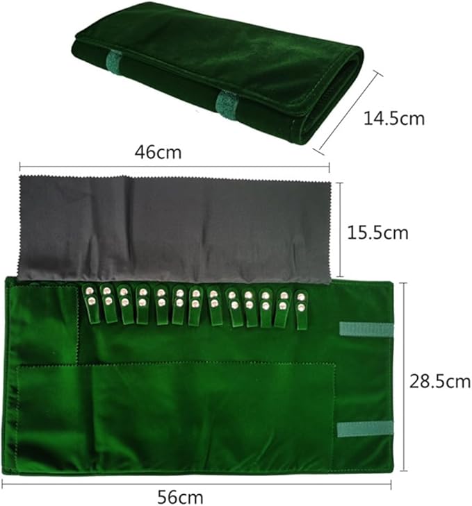 Premium Jewelry Roll Organizer for 16 Necklaces 55cm x 29cm Metal Snap & Velcro Closure - Ideal for Travel and Storage (Green)