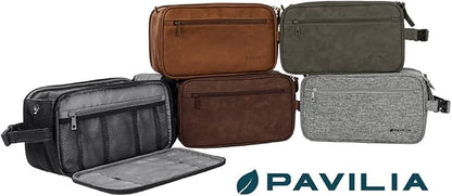 PAVILIA Toiletry Bag for Men, Travel Essentials Shaving Dopp Kit, Mens Travel Bag Toiletries Organizer Case for Grooming, PU Leather Water Resistant Cosmetic Bag Pouch (XL, Heather Grey)
