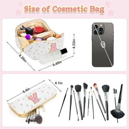 Personalized Travel Makeup Bag Set,Initial Travel Cute Cherry Makeup Organizer Bag,Toiletry Skincare Cosmetic Bag,Christmas Gifts for Women/Girls,Open Flat Toiletry Pouch with Brush Pocket-M