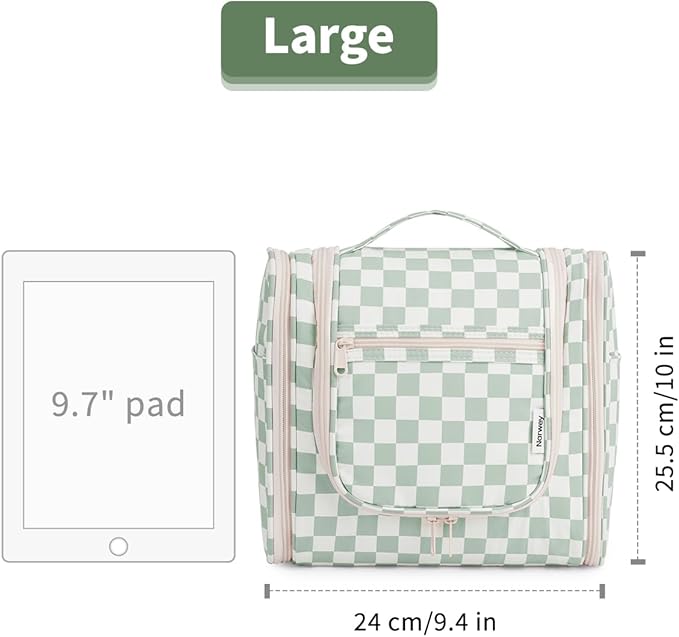 Narwey Checked Hanging Travel Toiletry Bag for Women, Travel Bag for Toiletries, Makeup Bag Organizer Cosmetic Bags Make Up Bags for Women (Mint Green Checkerboard)