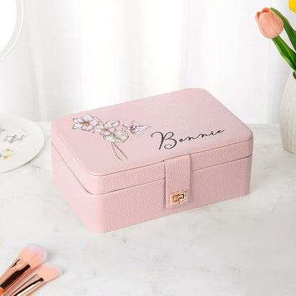 Custom 3-Layer Travel Jewelry Case Personalized Name Birth Flower Jewelry Organizer and Storage With 3 Colors LED Makeup Mirror Mother Jewelrys Box Gifts For Women Nana Size 9.25×6.3×3.54 INCH