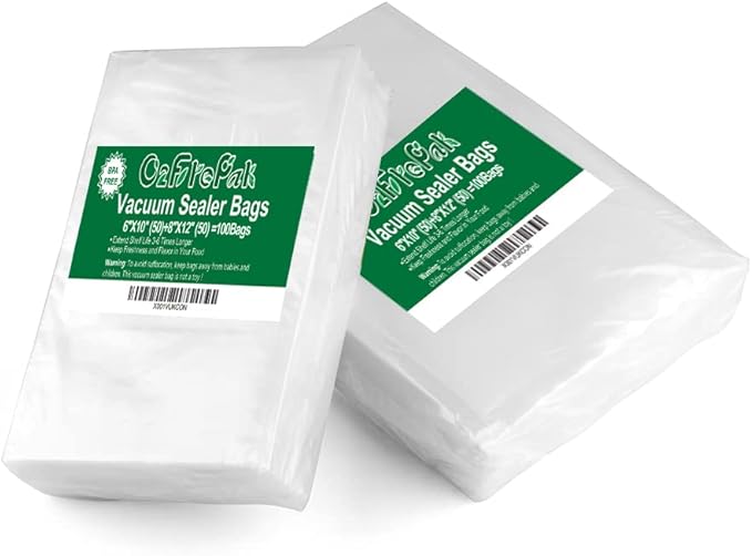 O2frepak 100 Count Vacuum Sealer Bags 50 of Each Size 50 Pint 6"X10"and 50 Quart 8"X12"BPA Free Sous Vide Seal a Meal Commercial Grade Vaccume Seal Pre-Cut Combo Pack Bag