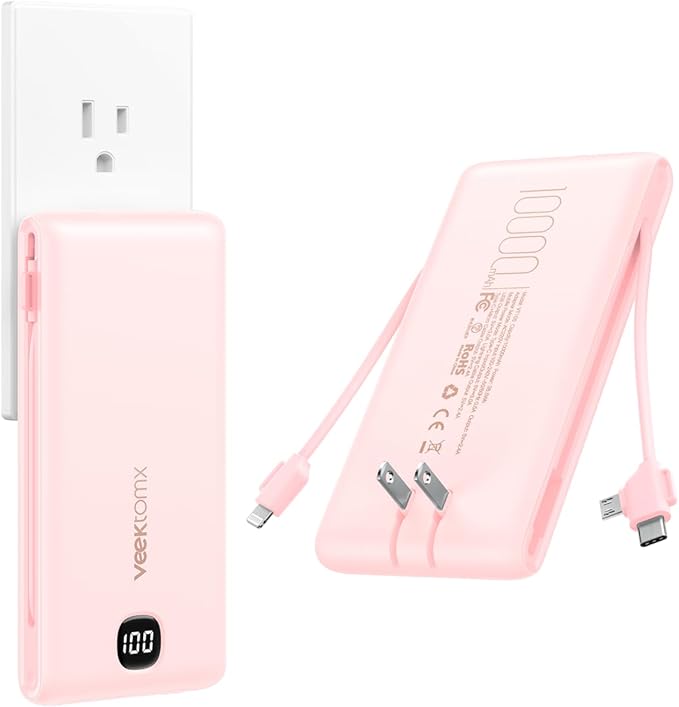 VEEKTOMX Portable Charger with Built in Cables 10000mAh, Power Bank for iPhone with Wall Plug, Travel Essential Fast Charging USB C Slim External Battery Pack for iPhone 17/16/15/14, Samsung, iPad,etc