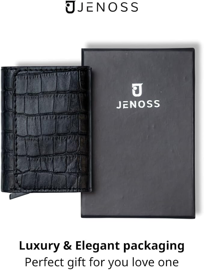 Jenoss Smart Wallet For Men: Full Grain Leather, Handcrafted, Slide Metal Pop Up Case, Slim RFID Blocking Credit Card Holder, Minimalist Compact, 6-8 Cards Organizers, Front Pocket, Money Clip (Black)