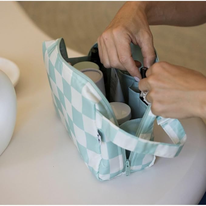 Tiny Twinkle Waterproof Travel Toiletry & Makeup Bag Organizer | Large Capacity Cosmetic Case with Compartments & Handle, A Thoughtful Travel Companion for Women（Sage Checkers