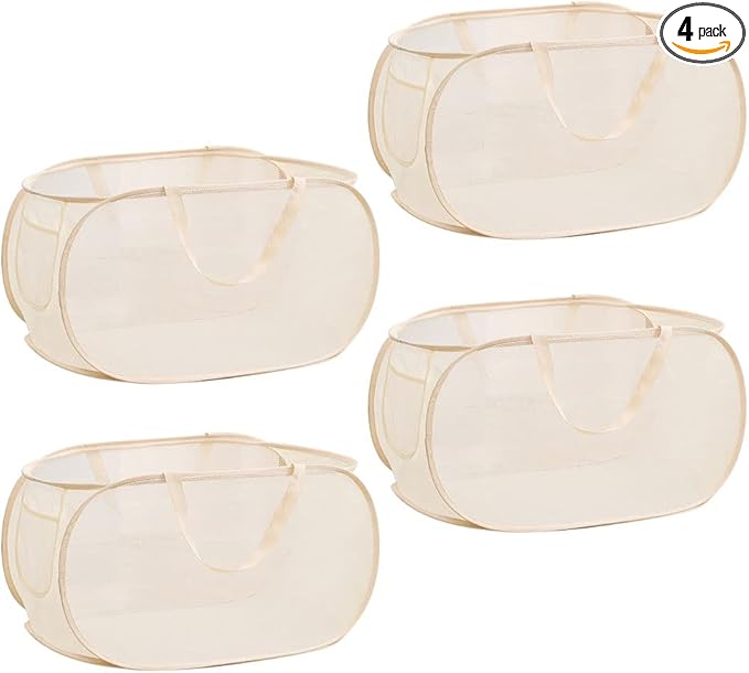 4Pcs Beige Canvas Laundry Hamper, Foldable Pop-up Mesh Basket, Large Capacity, Opening Design, Side Storage Bag, Versatile Use-Home, Camping, Dorm, Hotel, Travel