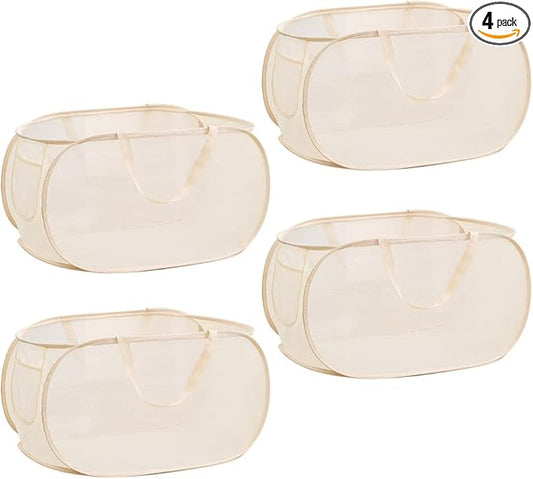 4Pcs Beige Canvas Laundry Hamper, Foldable Pop-up Mesh Basket, Large Capacity, Opening Design, Side Storage Bag, Versatile Use-Home, Camping, Dorm, Hotel, Travel