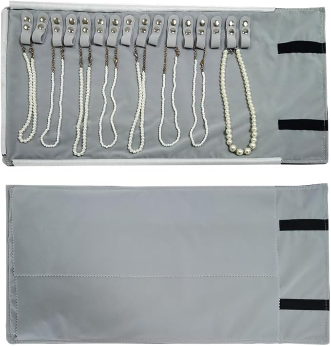 Velet Travel Jewelry Case Roll Bag Organizer for Necklace Bracelet Black Gray Velvet (Black Gray)