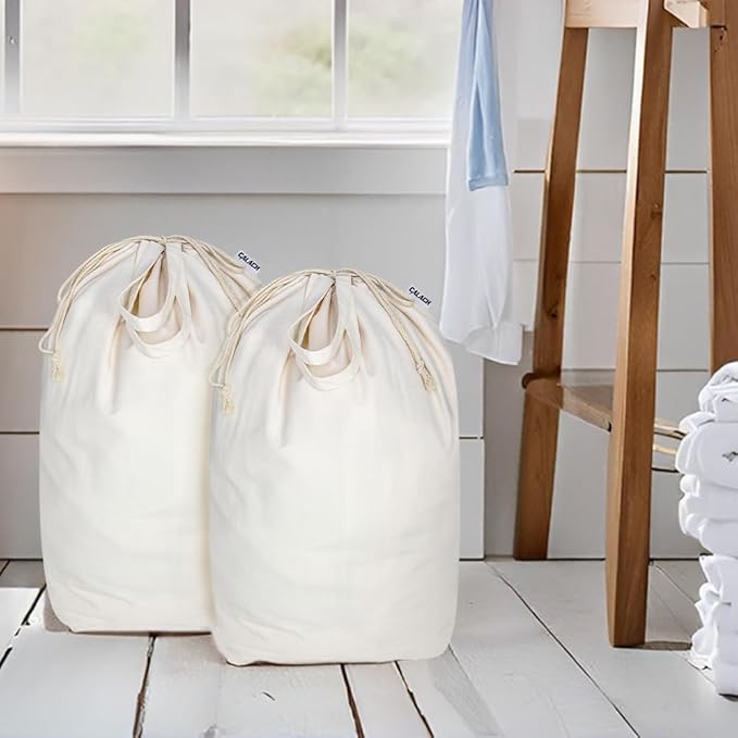 Canvas Laundry Bags with Handles & Square Base13.8"x 13.8", Large Heavy Duty Laundry Hamper Bag, College Dorm Washable Drawstring Cotton Dirty Clothes Sack (Beige,2 Pack)