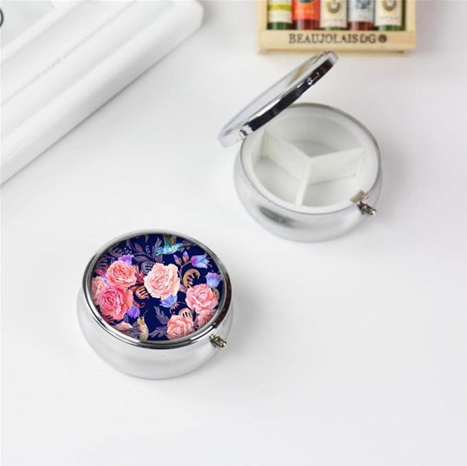 Pill Box,Flowers and Hummingbirds Round Pill Box 3 Compartment Decorative Pocket Purse Portable Mini Travel Medicine Tablet Vitamin Holder Organizer Pill Case