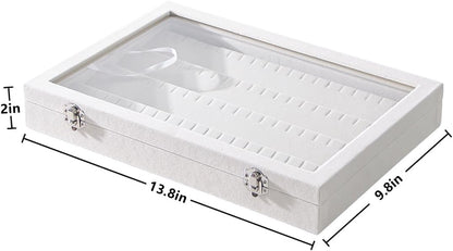 Coward Earring Organizer Tray Box, Beige Velvet Earring Jewelry Display Storage Tray Case with Transparent Glass Lid for Home Drawer or Shop Selling