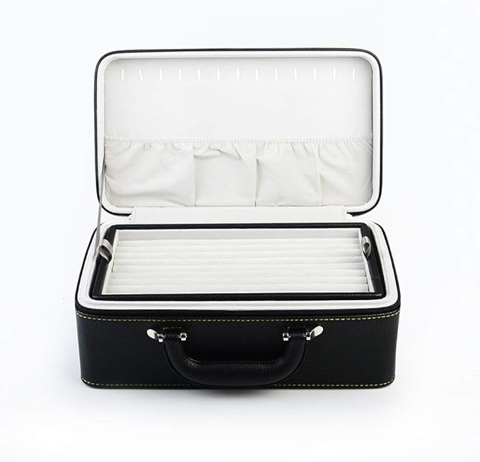 Oirlv Black Leather Jewelry Box Handmade Travel Jewelry Organizer Storage Case Holder For Girl Lady Earring,Ring,Necklace,Pendant,Watch,Bracelet.(3 layers)