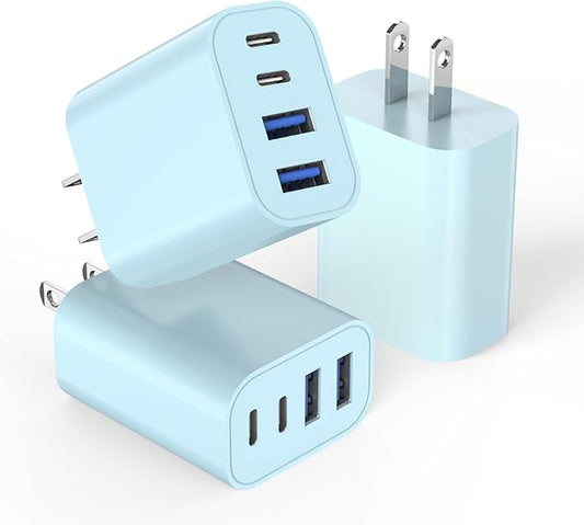 40W iPhone 17 Fast Charger Block,3Pack 4-Port USB C Charging Blocks QC Wall Plug+PD 3.0 Power Adapter Multiport Apple USB C Charging Plug for iPhone 17/Air/Pro/16/16e/15/15 Pro Max/14/13/12/iPad(Blue)