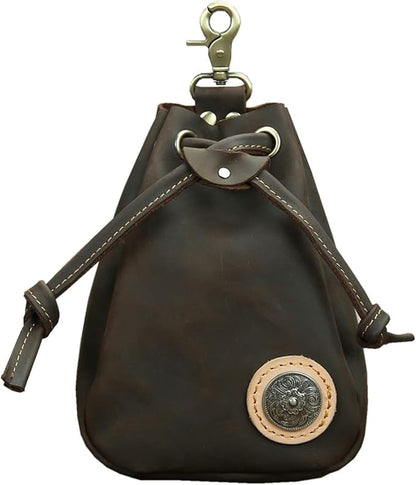 Retro Drawstring Genuine Leather Waist Bag for Men Motorcycle Sports Pack with Phone Pocket Adjustable Belt Gifts for Men (Dark Brown)
