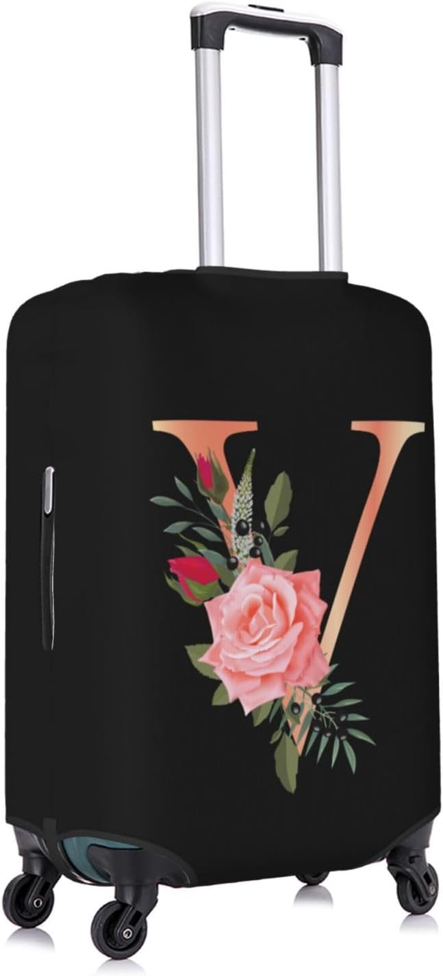 Floral Letter V Travel Luggage Cover Spandex Suitcase Protector Elastic Washable Stretch Suitcase Cover,Size L(Fit 25-28inch Suitcase)