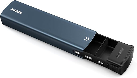 AUVON Metal Weekly Pill Organizer with Slide Design, Stylish Travel Pill Box 7 Day for Privacy Protection, Aluminum Alloy Pill Case with Large Compartment for Supplements, Fish Oil (Dark Blue)
