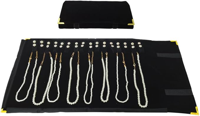 Premium Jewelry Roll Organizer for 16 Necklaces 55cm x 29cm Metal Snap & Velcro Closure - Ideal for Travel and Storage (Black with golden corner)