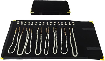 Premium Jewelry Roll Organizer for 16 Necklaces 55cm x 29cm Metal Snap & Velcro Closure - Ideal for Travel and Storage (Black with golden corner)