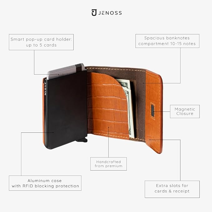 Jenoss Smart Wallet For Men: Full Grain Leather, Handcrafted, Slide Metal Pop Up Case, Slim RFID Blocking Credit Card Holder, Minimalist, Compact - 6-8 Cards Organizers, Front Pocket (Light Brown)