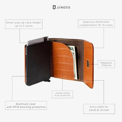 Jenoss Smart Wallet For Men: Full Grain Leather, Handcrafted, Slide Metal Pop Up Case, Slim RFID Blocking Credit Card Holder, Minimalist, Compact - 6-8 Cards Organizers, Front Pocket (Light Brown)