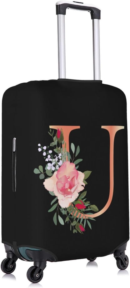 Floral Letter U Travel Luggage Cover Spandex Suitcase Protector Elastic Washable Stretch Suitcase Cover,Size L(Fit 25-28inch Suitcase)