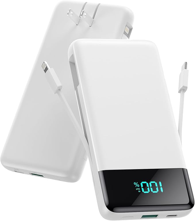 Portable Charger for iPhone with Built in Cables and Wall Plug,Upgraded 13800mAh Fast Charging USB C Power Bank,4 Outputs Travel Essential Battery Pack Compatible with iPhone 17/16/15,Samsung-White